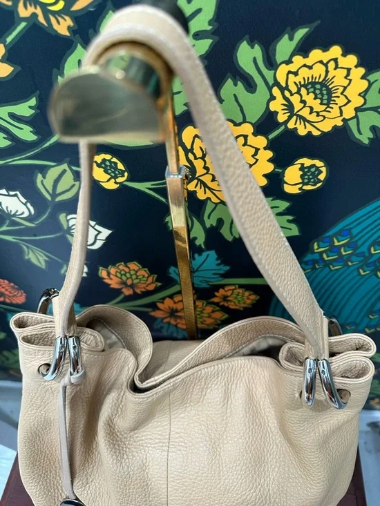 Furla Pebbled Leather Shoulder Tote Beige Tassel Made in Italy - Picture 8 of 12